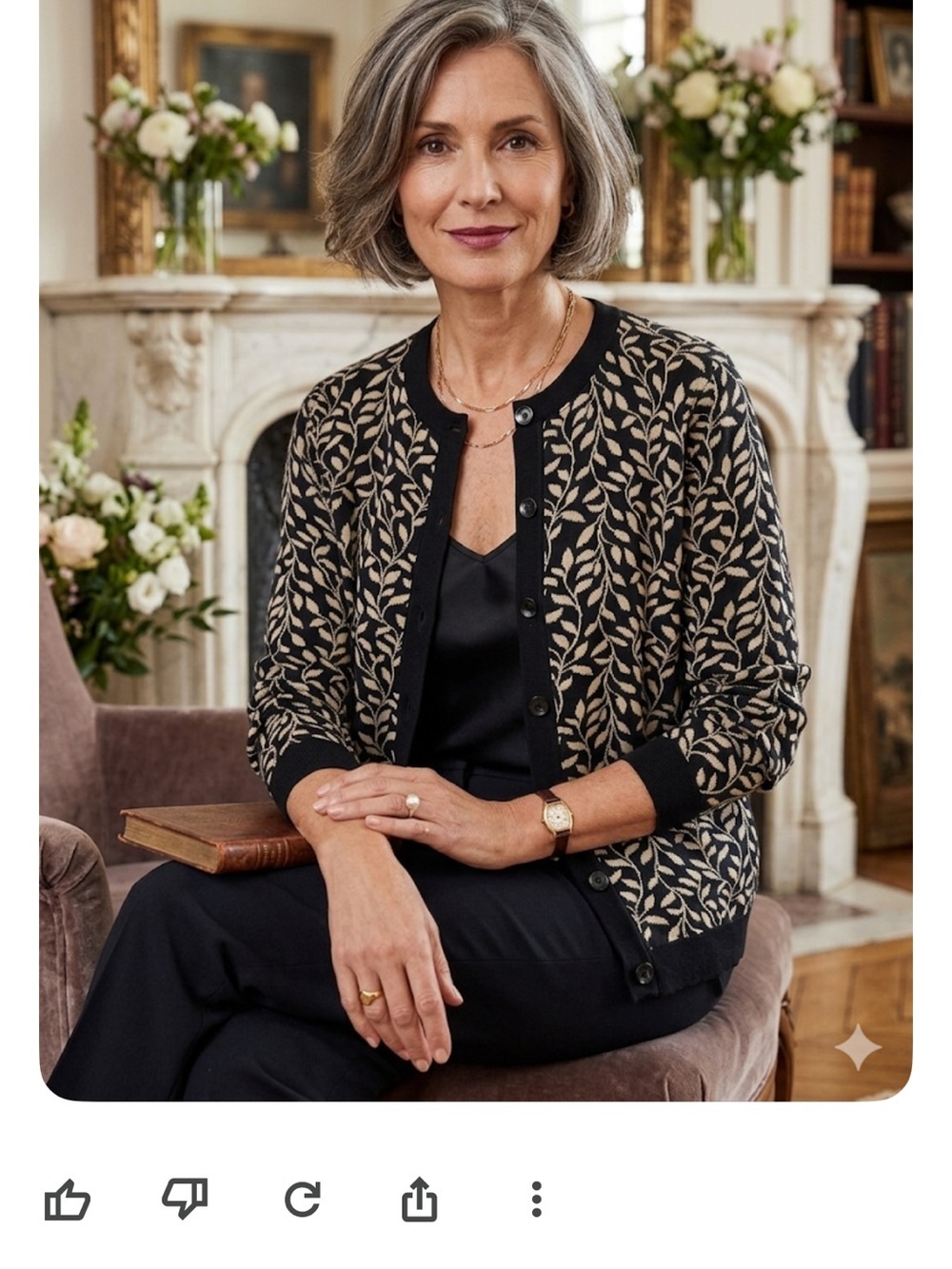 Cathy Daniels Black Cardigan Jacket with Beige Leaf Print size XL